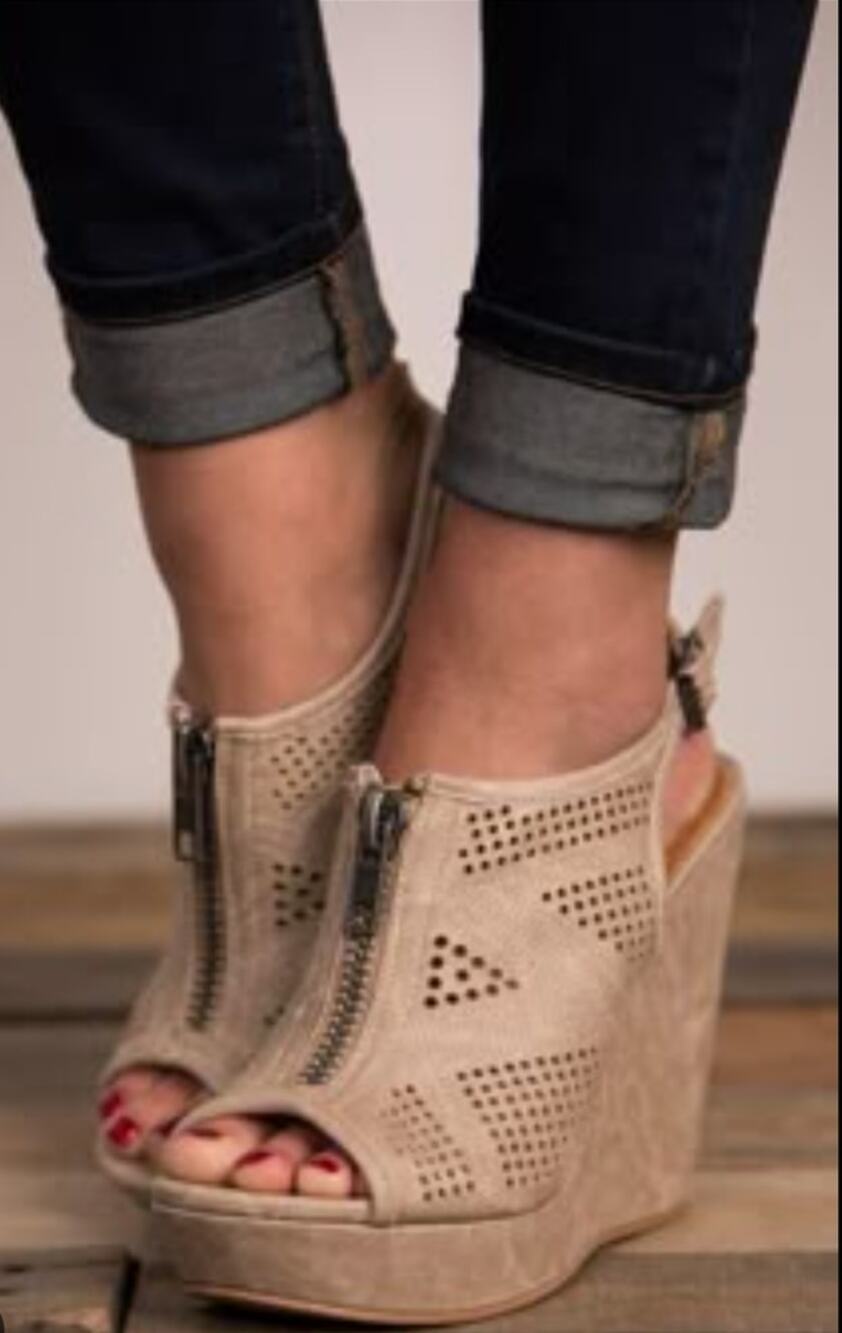 Not Rated Taupe high wedge sandal with zipper Size 8.5
